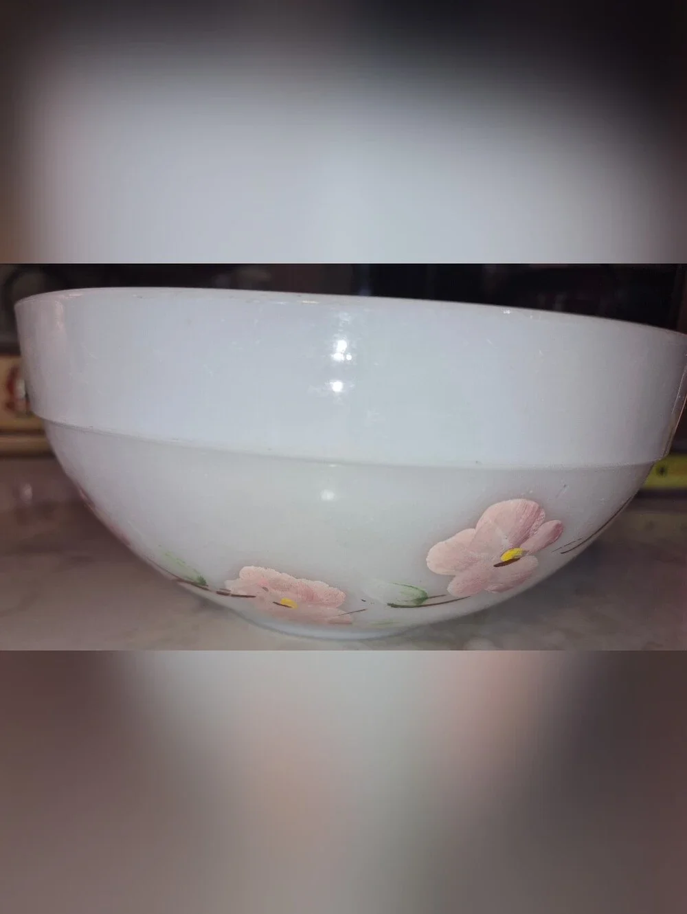 Vintage Fire King Milk Glass Bowl w/Painted Pink Floral Design 7 1/4